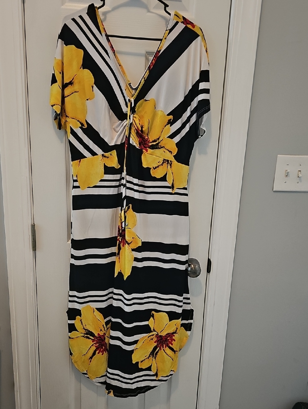 V-Neck Midi Dress with Yellow Floral Stripe
